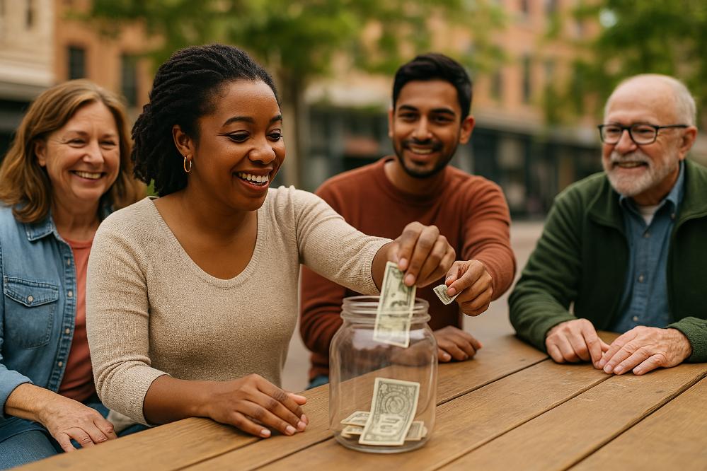 A diverse group gathers around a wooden table, contributing to a donation jar.