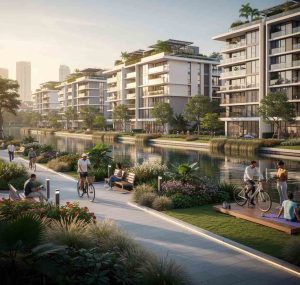 A serene riverfront residential development in District 9, Singapore with modern architecture, landscaped walkways, calm river reflections, and people enjoying communal outdoor spaces — clean, professional, urban sustainability photography style.